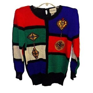 Vintage Christine Hand Beaded Colorful Solid Back Knitted Sweater Size SMALL
